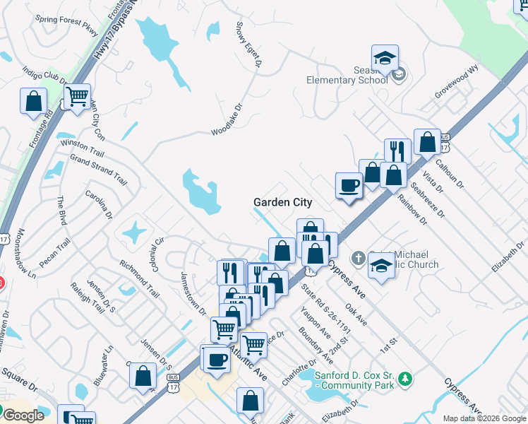map of restaurants, bars, coffee shops, grocery stores, and more near 751 Garden Lake Drive in Murrells Inlet