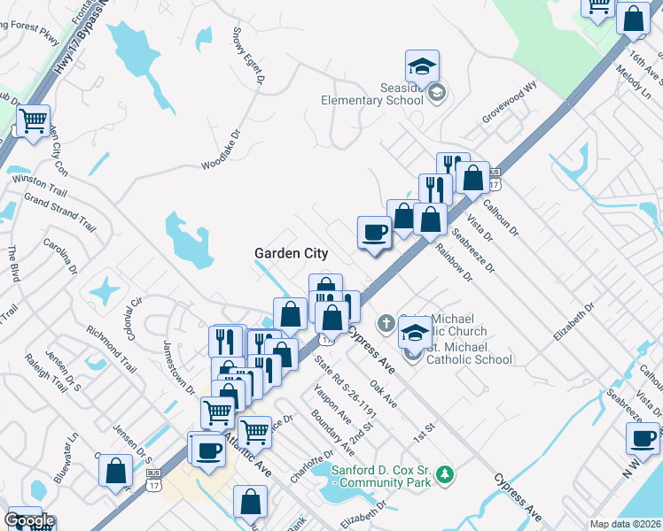 map of restaurants, bars, coffee shops, grocery stores, and more near 128 Lake Pointe Drive in Murrells Inlet