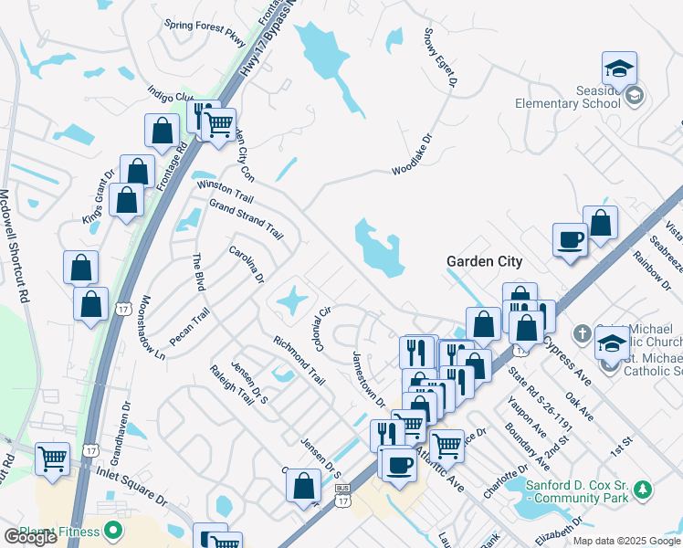 map of restaurants, bars, coffee shops, grocery stores, and more near 316 Stratford Place in Murrells Inlet