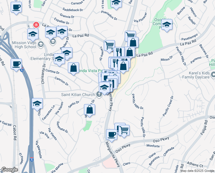 map of restaurants, bars, coffee shops, grocery stores, and more near 25523 Marguerite Parkway in Mission Viejo