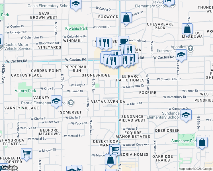 map of restaurants, bars, coffee shops, grocery stores, and more near 11807 North 76th Avenue in Peoria