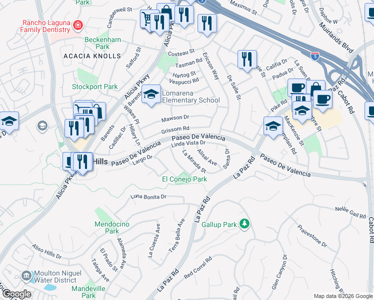 map of restaurants, bars, coffee shops, grocery stores, and more near 25482 La Mirada Street in Laguna Hills