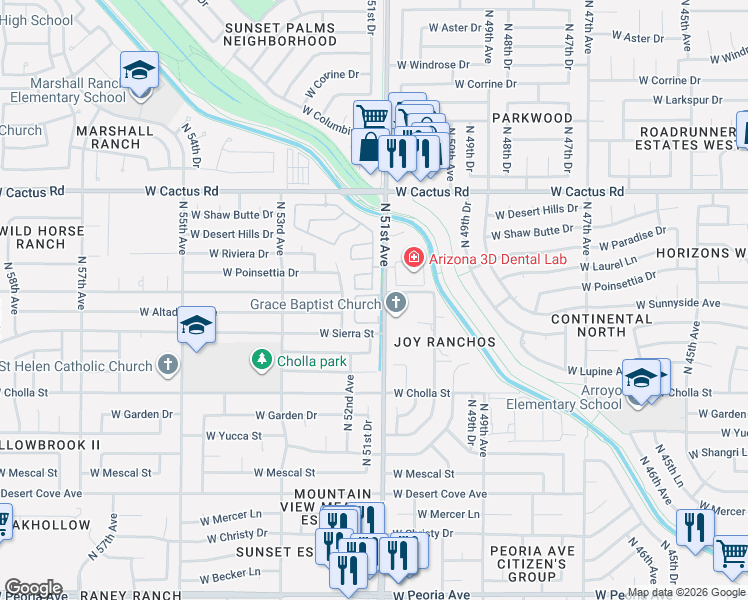 map of restaurants, bars, coffee shops, grocery stores, and more near 5099 West Sunnyside Drive in Glendale