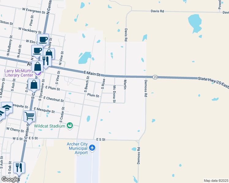 map of restaurants, bars, coffee shops, grocery stores, and more near 202 Mc Dona Street in Archer City