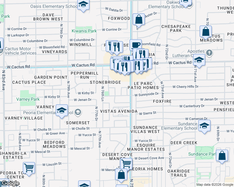 map of restaurants, bars, coffee shops, grocery stores, and more near 11807 North 76th Avenue in Peoria