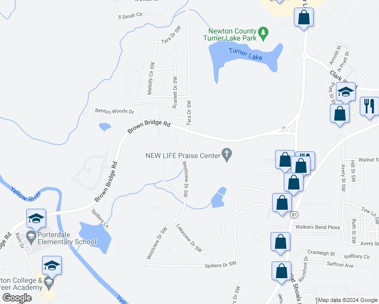 map of restaurants, bars, coffee shops, grocery stores, and more near 9145 Westview Drive Southwest in Covington