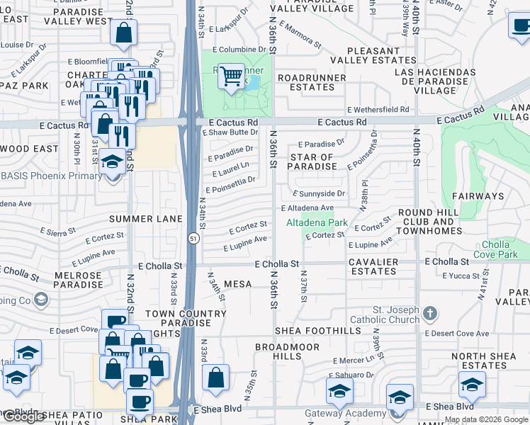 map of restaurants, bars, coffee shops, grocery stores, and more near 3541 East Altadena Avenue in Phoenix