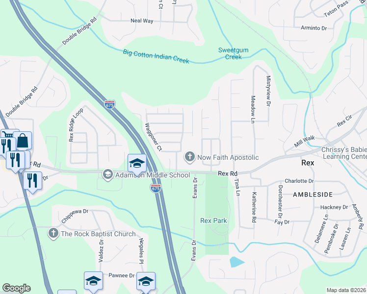 map of restaurants, bars, coffee shops, grocery stores, and more near 5870 Waggoner Court in Rex