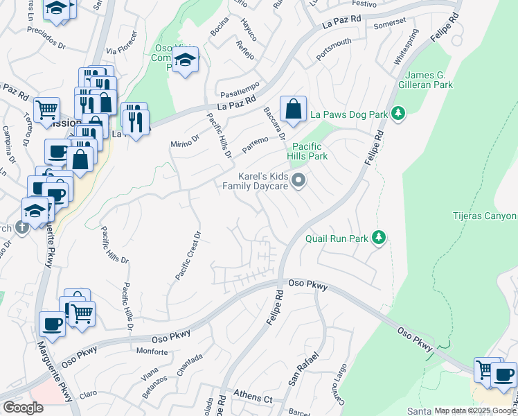 map of restaurants, bars, coffee shops, grocery stores, and more near 38 Rimani Drive in Mission Viejo