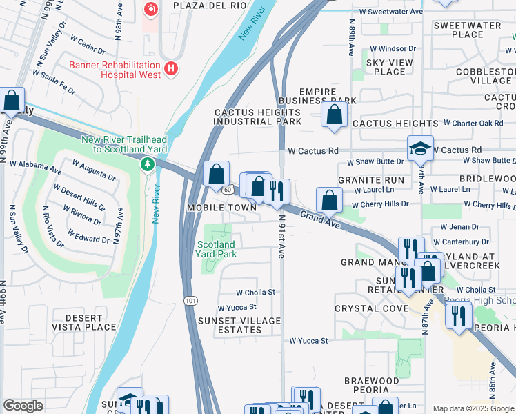 map of restaurants, bars, coffee shops, grocery stores, and more near 9133 Grand Avenue in Peoria