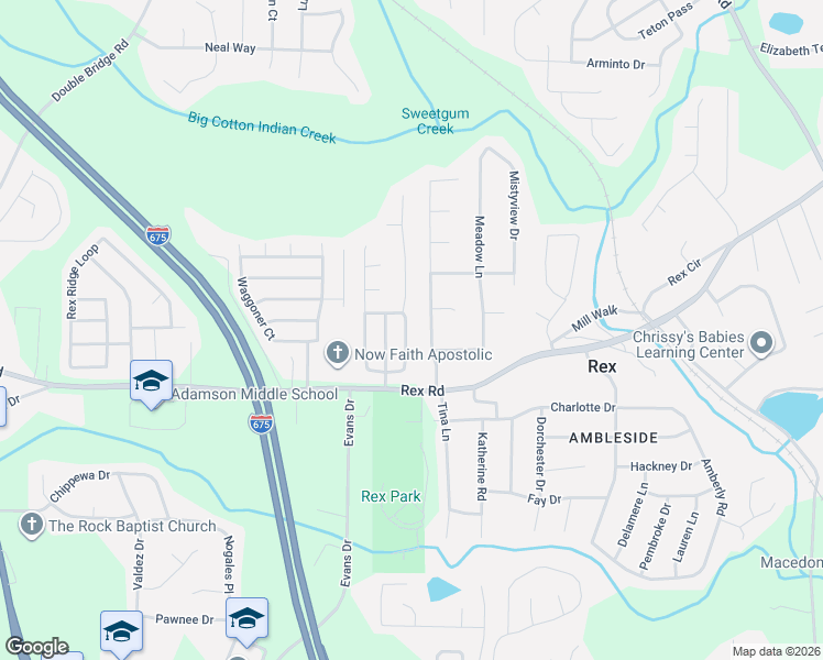 map of restaurants, bars, coffee shops, grocery stores, and more near 5930 Creekside Drive in Rex