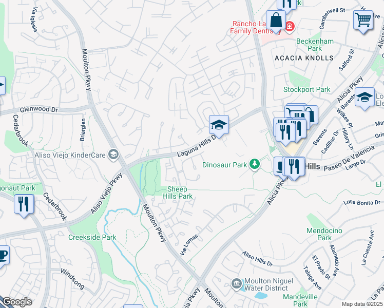 map of restaurants, bars, coffee shops, grocery stores, and more near 13 Heather Hill Lane in Laguna Hills