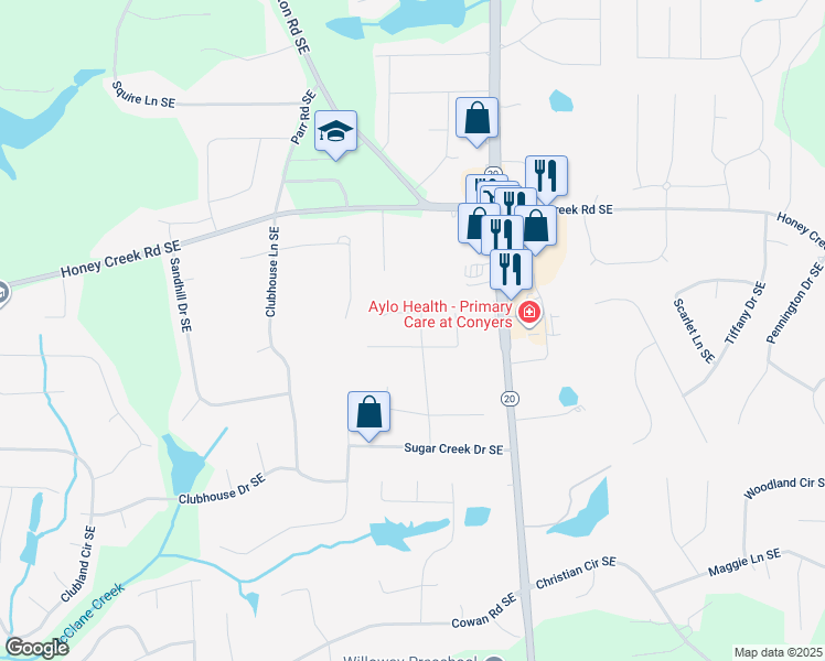 map of restaurants, bars, coffee shops, grocery stores, and more near 3681 Sugar Creek Lane Southeast in Conyers