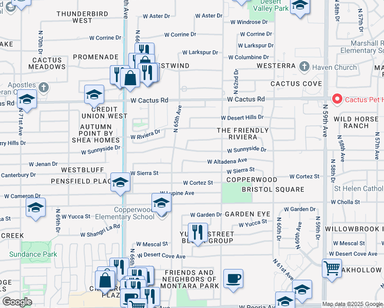 map of restaurants, bars, coffee shops, grocery stores, and more near 6413 West Sunnyside Drive in Glendale