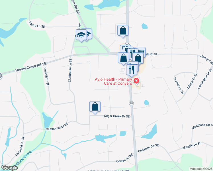 map of restaurants, bars, coffee shops, grocery stores, and more near 3681 Sugar Creek Lane Southeast in Conyers