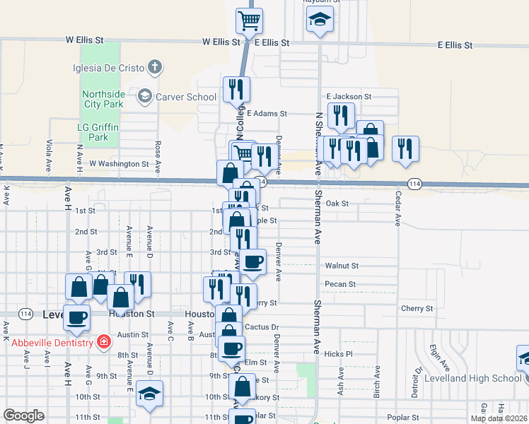 map of restaurants, bars, coffee shops, grocery stores, and more near 110 Oak Street in Levelland
