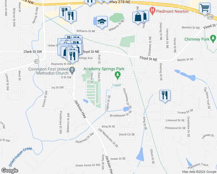 map of restaurants, bars, coffee shops, grocery stores, and more near 3158 Legion Drive Southeast in Covington