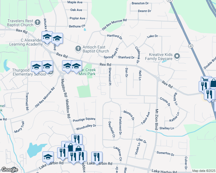 map of restaurants, bars, coffee shops, grocery stores, and more near 5943 Sherwood Place in Ellenwood