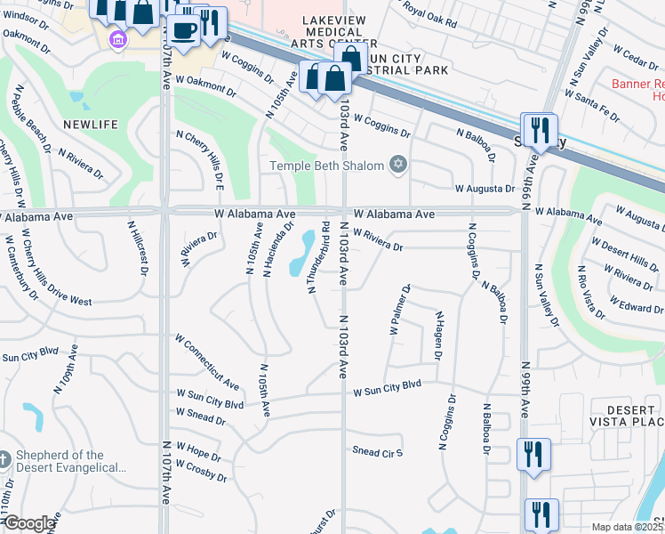 map of restaurants, bars, coffee shops, grocery stores, and more near 11843 North Thunderbird Road in Sun City