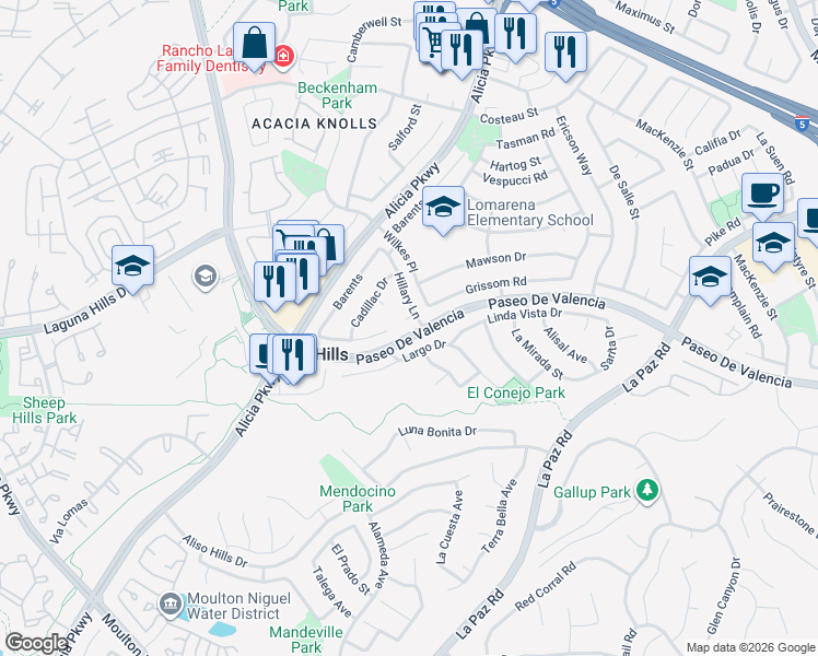 map of restaurants, bars, coffee shops, grocery stores, and more near 24946 Grissom Road in Laguna Hills