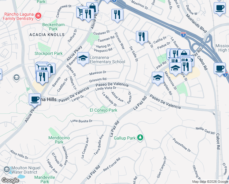 map of restaurants, bars, coffee shops, grocery stores, and more near 25482 Alisal Avenue in Laguna Hills