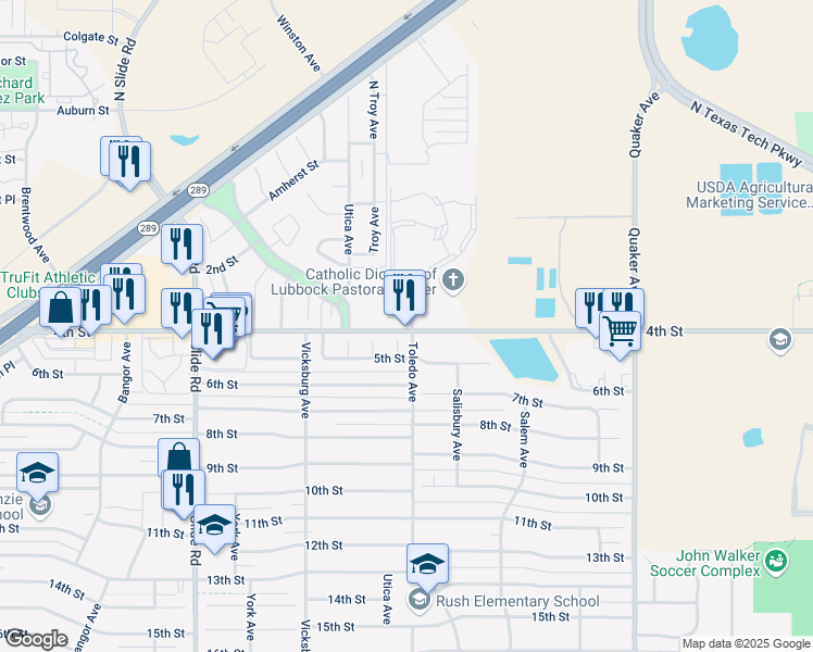 map of restaurants, bars, coffee shops, grocery stores, and more near 4700 4th Street in Lubbock