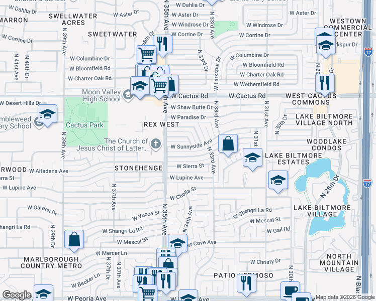 map of restaurants, bars, coffee shops, grocery stores, and more near 3417 West Sunnyside Avenue in Phoenix
