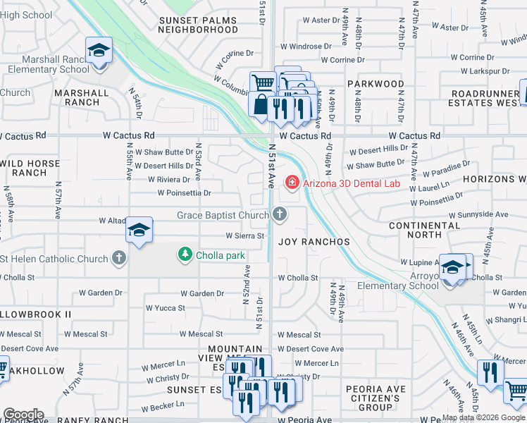 map of restaurants, bars, coffee shops, grocery stores, and more near 5099 West Sunnyside Drive in Glendale
