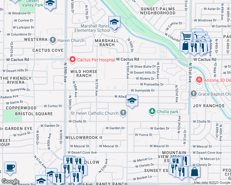 map of restaurants, bars, coffee shops, grocery stores, and more near 5539 West Sunnyside Drive in Glendale