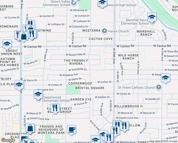 map of restaurants, bars, coffee shops, grocery stores, and more near 6113 West Sunnyside Drive in Glendale
