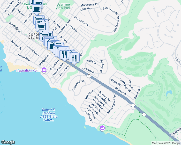 map of restaurants, bars, coffee shops, grocery stores, and more near 4148 Shorecrest Lane in Newport Beach