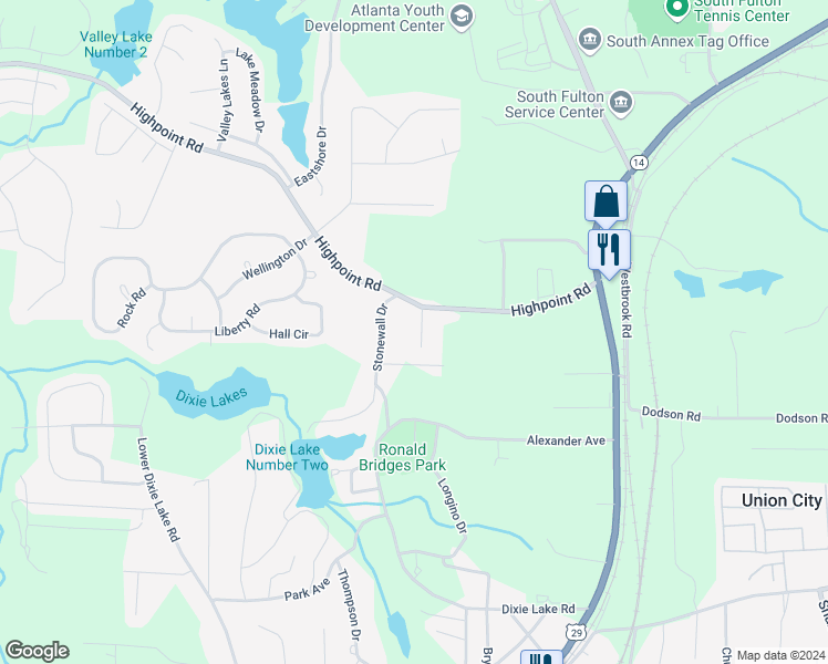 map of restaurants, bars, coffee shops, grocery stores, and more near 5140 Highpoint Road in Union City