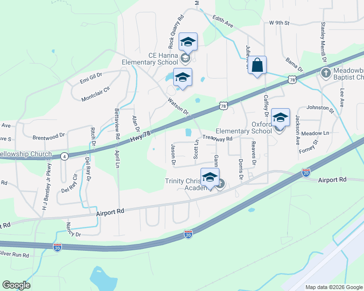 map of restaurants, bars, coffee shops, grocery stores, and more near 121 Jason Drive in Oxford