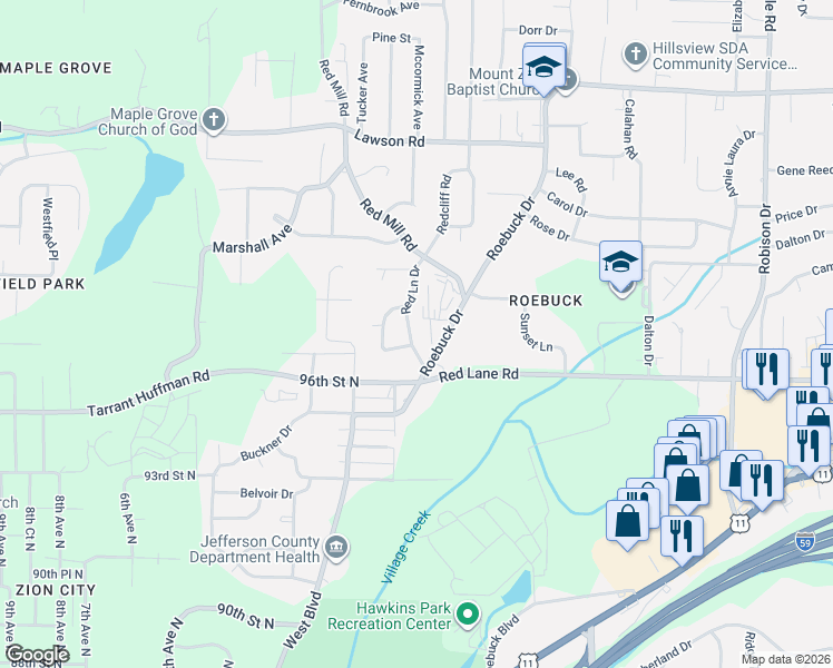 map of restaurants, bars, coffee shops, grocery stores, and more near 9611 Red Lane Drive in Birmingham