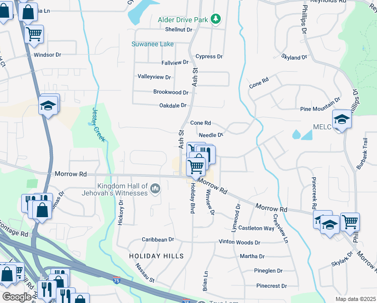 map of restaurants, bars, coffee shops, grocery stores, and more near 766 Longleaf Drive in Forest Park