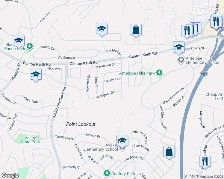 map of restaurants, bars, coffee shops, grocery stores, and more near 36307 Grimaud Court in Murrieta