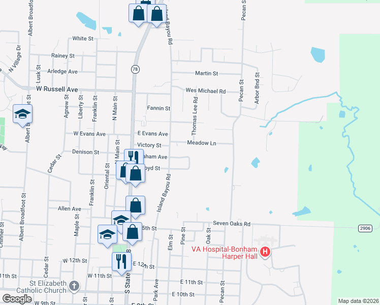 map of restaurants, bars, coffee shops, grocery stores, and more near 330 Boyd Loop in Bonham