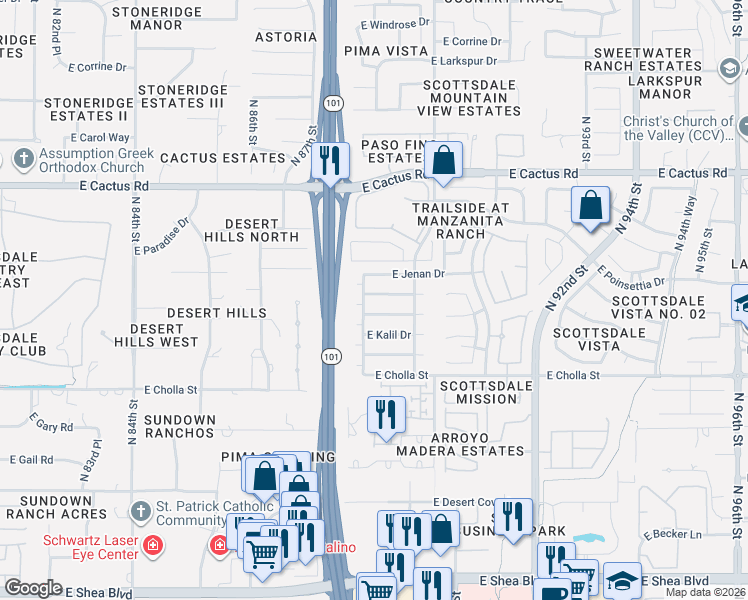 map of restaurants, bars, coffee shops, grocery stores, and more near 8825 East Altadena Avenue in Scottsdale