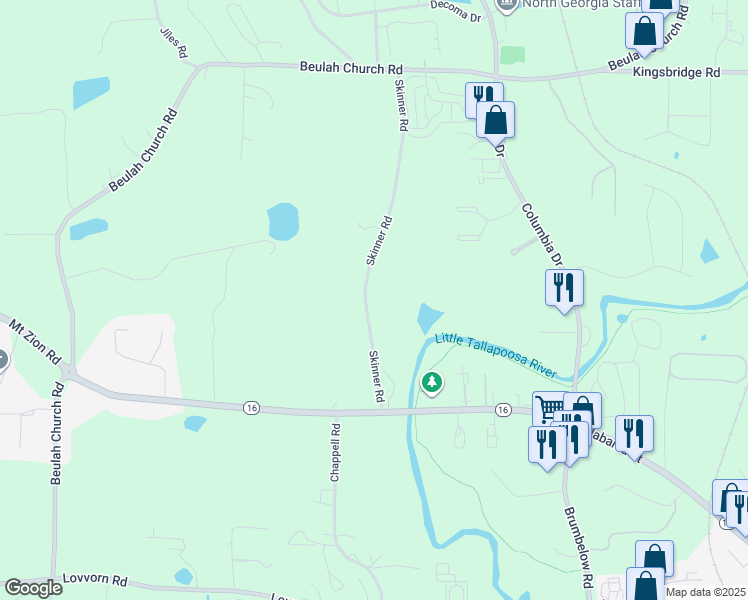 map of restaurants, bars, coffee shops, grocery stores, and more near 145 Skinner Road in Carrollton