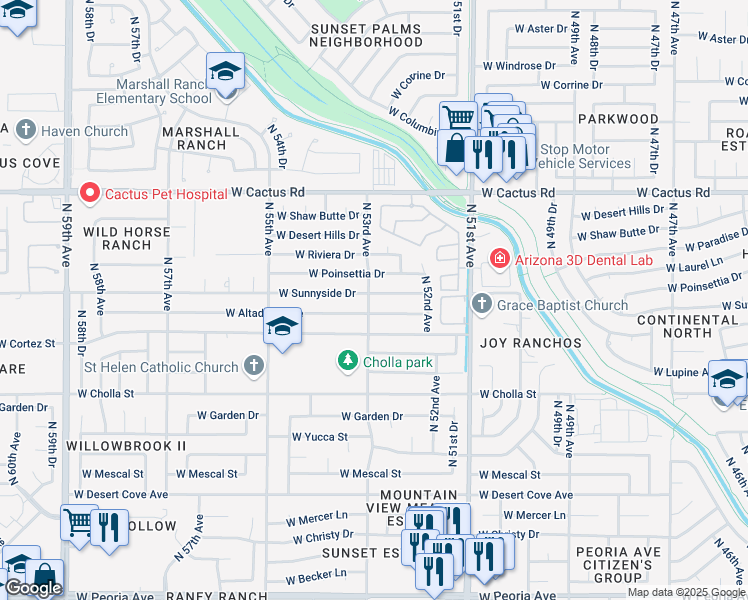 map of restaurants, bars, coffee shops, grocery stores, and more near 5255 West Sunnyside Drive in Glendale