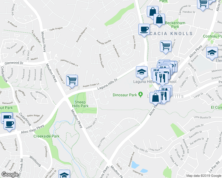 map of restaurants, bars, coffee shops, grocery stores, and more near 2 Melody Hill Lane in Laguna Hills