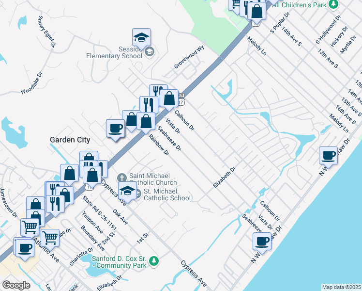map of restaurants, bars, coffee shops, grocery stores, and more near 536 Seabreeze Drive in Murrells Inlet