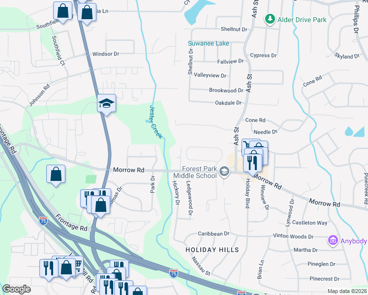 map of restaurants, bars, coffee shops, grocery stores, and more near 616 Forest Hill Path in Forest Park