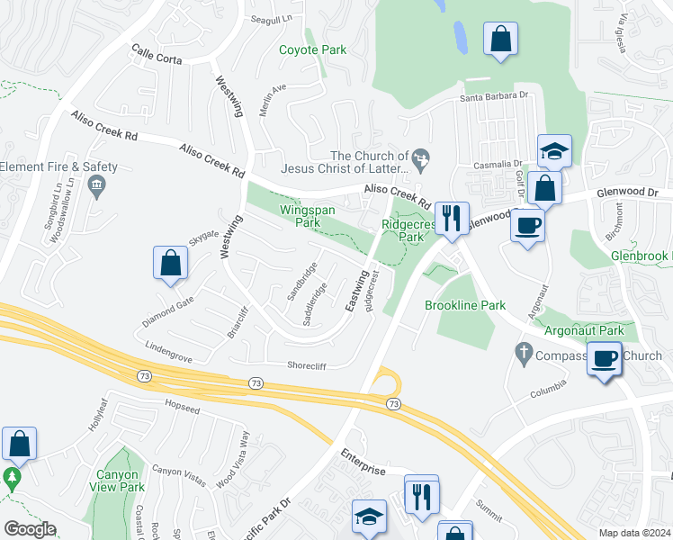 map of restaurants, bars, coffee shops, grocery stores, and more near 6 Saddleridge in Aliso Viejo