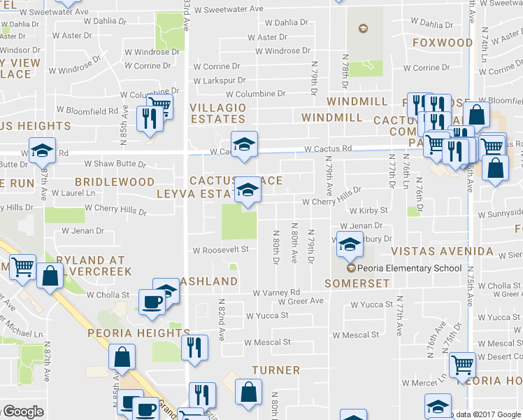 map of restaurants, bars, coffee shops, grocery stores, and more near 11825 N 81st Ave in Peoria