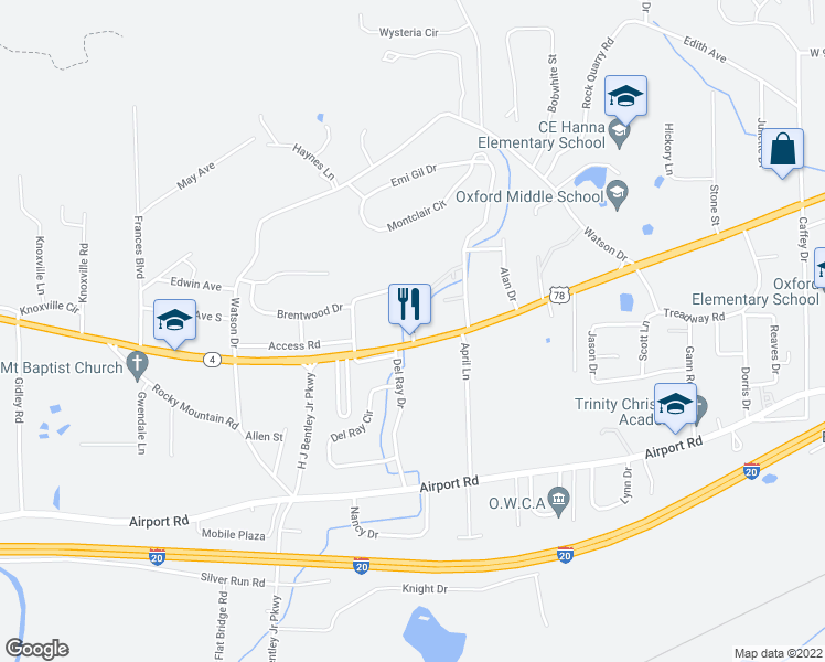 map of restaurants, bars, coffee shops, grocery stores, and more near 106 Ritch Dr in Oxford