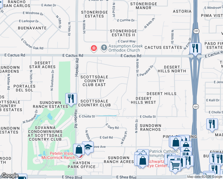 map of restaurants, bars, coffee shops, grocery stores, and more near 8202 East Cortez Drive in Scottsdale