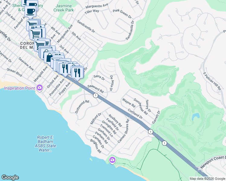 map of restaurants, bars, coffee shops, grocery stores, and more near 511 Seaward Road in Newport Beach
