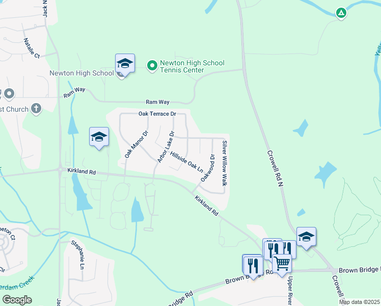 map of restaurants, bars, coffee shops, grocery stores, and more near 515 Oak Terrace Drive in Covington