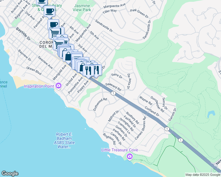 map of restaurants, bars, coffee shops, grocery stores, and more near 4148 Shorecrest Lane in Newport Beach